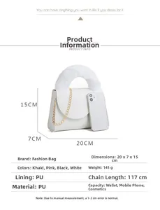 Detailed size comparison of white small square bag with fur handle and gold chain strap
