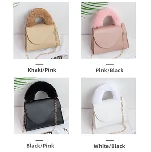 Detail of four colorful crossbody bags with plush handles and gold chain straps