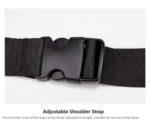 Detail of adjustable black nylon shoulder strap with durable plastic buckle for waist bag