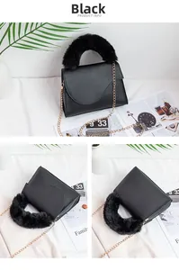 Detail of black mini crossbody bag with faux fur handle and golden chain strap