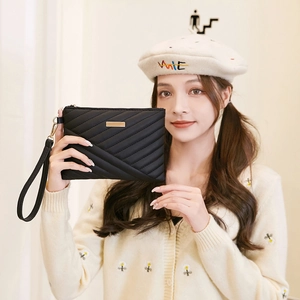 Elegant black quilted PU leather clutch bag with wrist strap for modern women