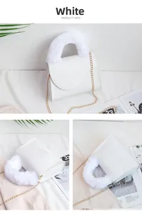 Detail of white mini crossbody bag with faux fur handle and gold chain strap accents