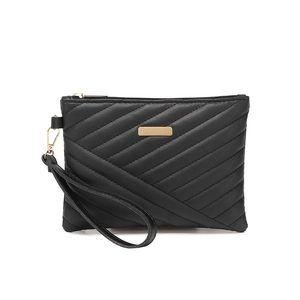 Classic black quilted faux leather handbag with gold zipper and detachable wrist strap