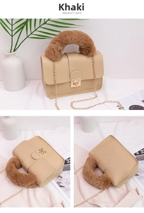 Detailed view of khaki chain bag with faux leather body and soft plush handle accent
