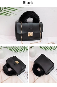 Detail view of black textured leather bag with gold buckle and faux fur handle
