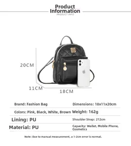 Detailed size view of black quilted PU mini backpack with 18x11x20cm dimensions