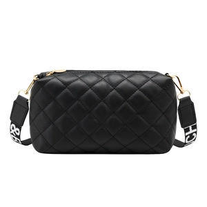 Women's black quilted crossbody camera bag with wide letter print strap and gold zipper