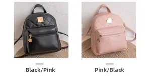Quilted PU leather mini backpack set featuring black and pink options with metal accents