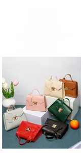 Detailed display of crocodile pattern crossbody bags in seven stylish colors with gold buckles