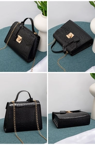 Detailed four-view showcase of black crocodile pattern bag with gold chain and hardware