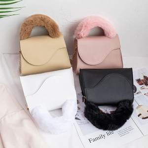 Women Small Shoulder Bag PU Leather Faux Fur Handle Gold Chain Strap Wavy Flap Crossbody Handbag Elegant Sweet Style