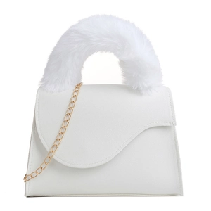 White faux fur handle crossbody saddle bag with lychee texture leather and gold chain