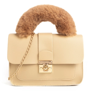 Ladies cream faux leather chain bag with brown plush handle and gold lock hardware