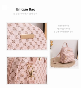 Detail view of pink PU leather backpack with clover pattern and gold metal hardware