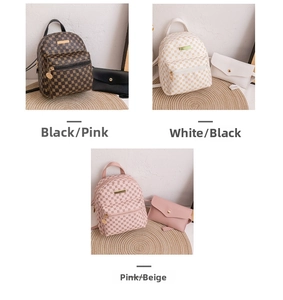 Three-piece set of printed mini backpacks with matching envelope pouches in black white and pink