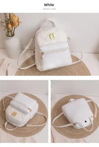 Detailed views of white mini quilted leather backpack with gold hardware and zipper