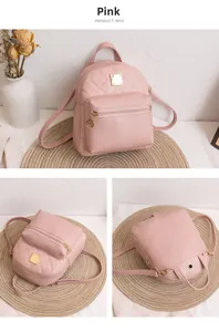 Detailed views of a pink quilted mini backpack showing exterior, interior and back design