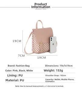 Pink PU mini backpack with interlocking circles print and size specs 19x7x19cm