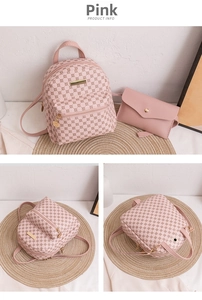 Detailed close-up of pink geometric pattern backpack and matching clutch bag set