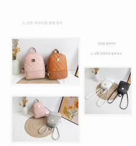 Detailed views of mini quilted backpacks with embroidery and gold hardware in five colors