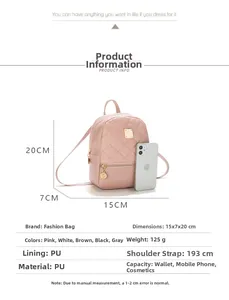 Pink quilted PU mini backpack with gold logo plate showing 15x7x20cm dimensions