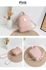 Detailed views of a pink quilted leather mini backpack with gold metal hardware accents
