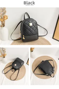 Detailed views of black quilted mini backpack with gold hardware and rhombic stitching
