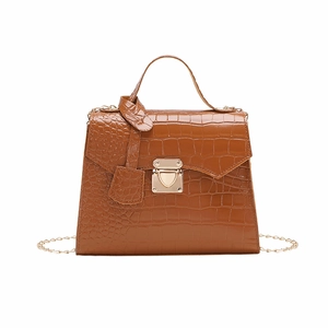 Vintage brown crocodile embossed handbag with gold chain strap and shield buckle