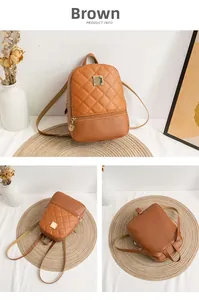 Detailed views of brown quilted backpack with gold hardware and fine stitching
