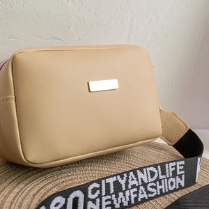 Litchi pattern khaki crossbody bag with gold metal plaque and wide woven strap