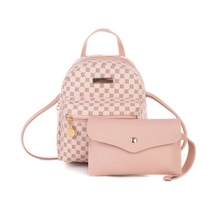 Pink geometric pattern mini backpack set with matching envelope pouch and gold hardware