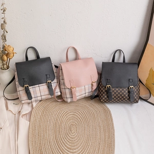 Three mini floral and checkered backpacks featuring leather flaps and metallic buckle details