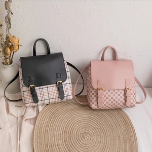 Fashionable mini backpacks with checkered and pink patterns featuring metallic buckles