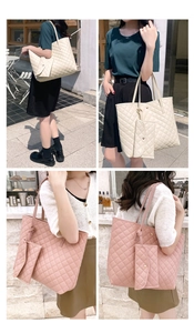 Close-up of quilted tote bag set including a matching small charm pouch in soft PU