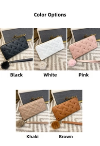 Detailed views of long zip wallets featuring heart woven patterns and plush ball charms