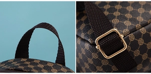 Detail of vintage flower print mini backpack with gold-tone buckle and nylon strap
