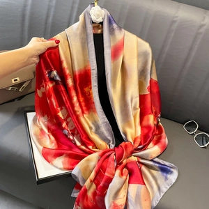 Écharpe En Satin À Imprimé Fleuri De Style Chinois Long Châle Aquarelle Artistique Femme Élégante