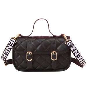 Black quilted satchel handbag with gold buckles and jacquard logo strap