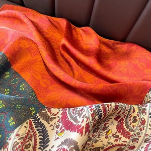 Retro paisley print satin silk scarf with bohemian floral patterns and silky drape