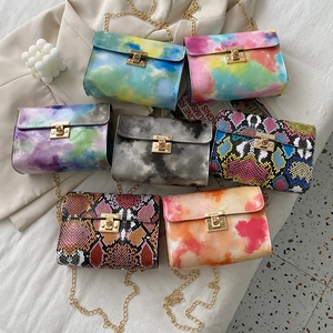Fashion Women Crossbody Bag PU Leather Small Square Bag Tie Dye Snake Skin Pattern Gold Chain Strap Lock Buckle