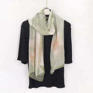 Elegant floral georgette silk scarf with green and white print for sun protection