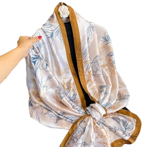Elegant floral print satin silk shawl with royal blue patterns and golden borders