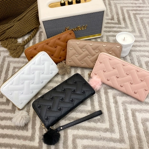 Women Long Zipper Wallet Heart Embroidery Woven PU Leather Clutch Bag With Wristlet And Fur Ball Pendant
