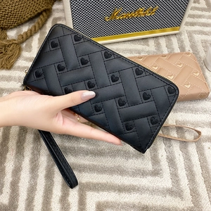 Chic long women's zip wallet with heart embroidery and wrist strap in black and beige