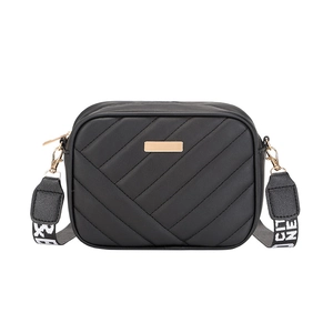 Black quilted crossbody camera bag with gold hardware and wide jacquard logo strap