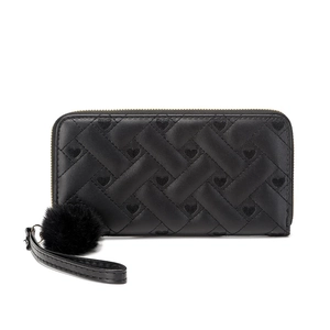 Women's black heart-quilted long clutch wallet with wrist strap and pompom charm