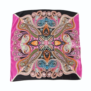 Vintage paisley pattern satin silk square scarf with colorful mandala design on white background