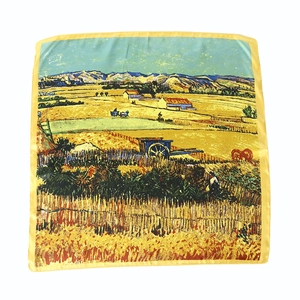 Carré de soie satiné 60cm pour femme imprimé peinture à l'huile La Moisson de Van Gogh