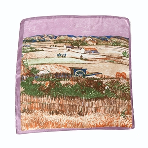 Carré en satin imprimé peinture Van Gogh La Récolte avec bordure violette lavande
