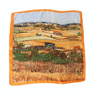 Foulard en soie Van Gogh Peinture à l'huile Moisson avec bordure en satin orange